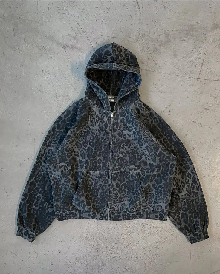 Mens Fashion Zip Up Hoodies - Retro Y2K Leopard Print Zipper Hoodie